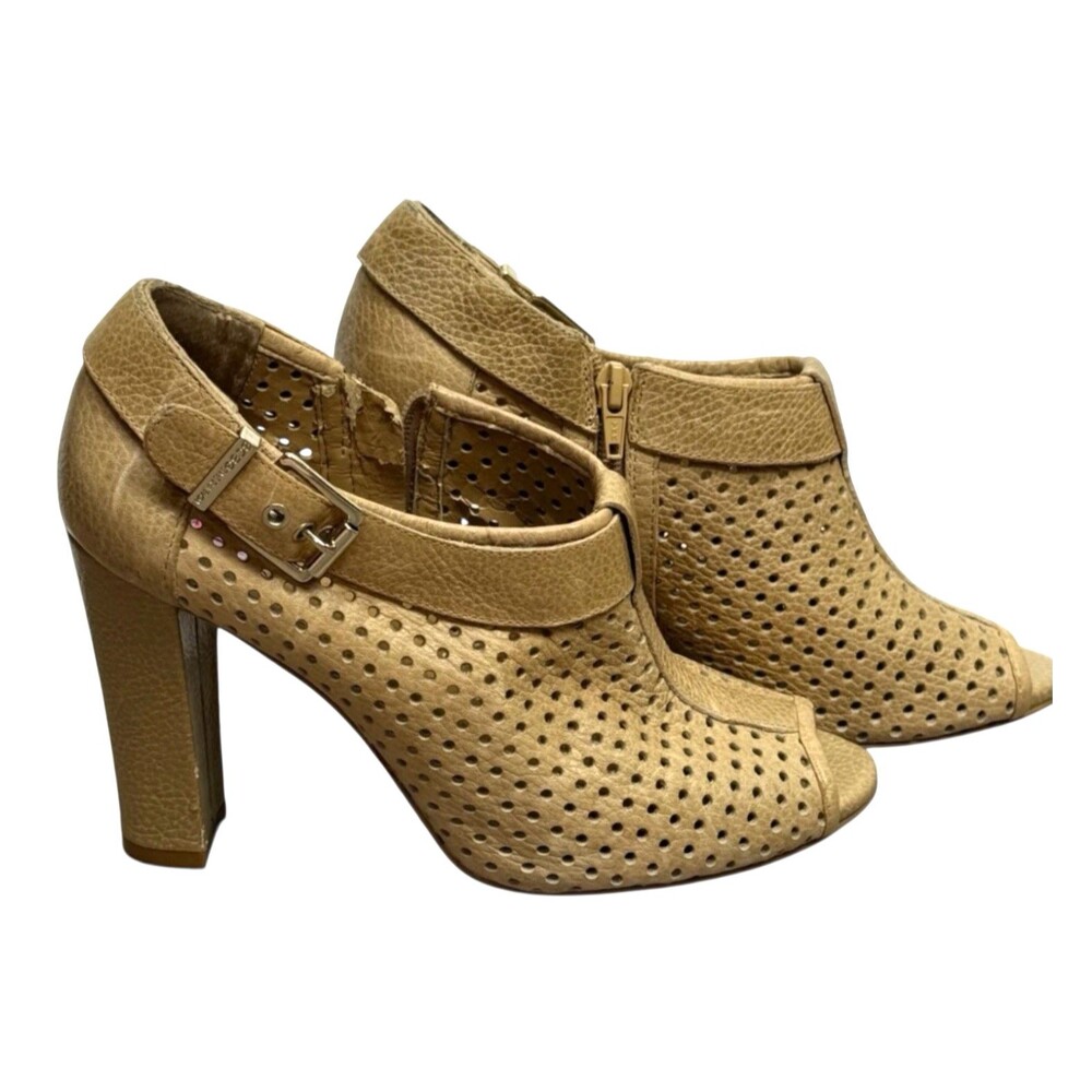 BCBGeneration Booties 8.5 Beige Leather Peep Toe Heeled Ankle Boots Cutout Shoes